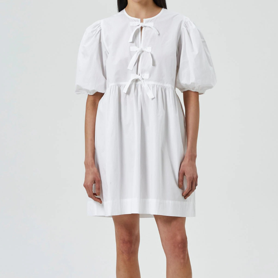 GANNI Cotton Poplin Tie String Mini Dress - Bright White