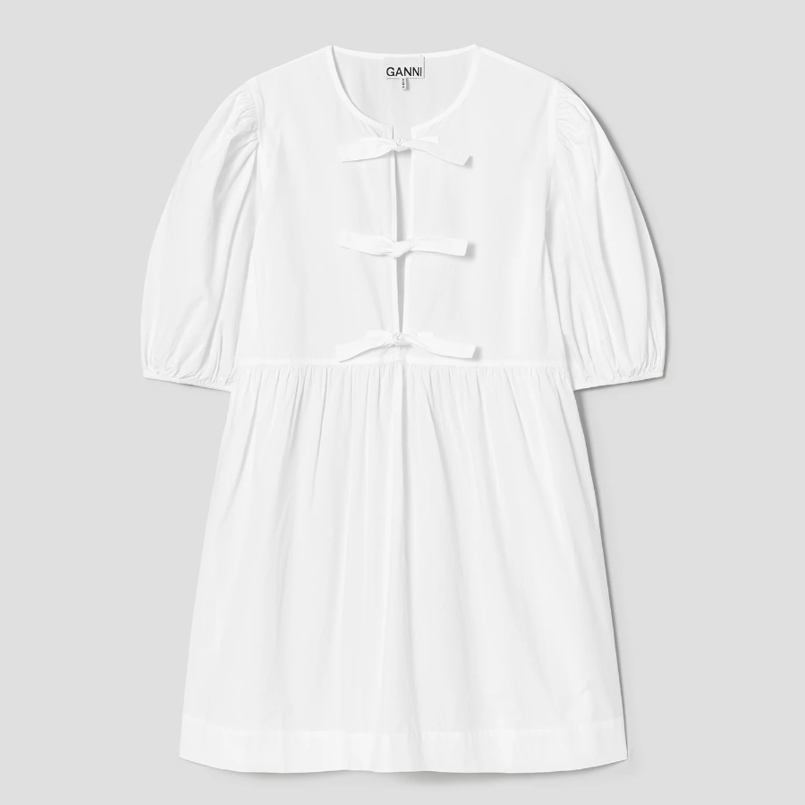 GANNI Cotton Poplin Tie String Mini Dress - Bright White