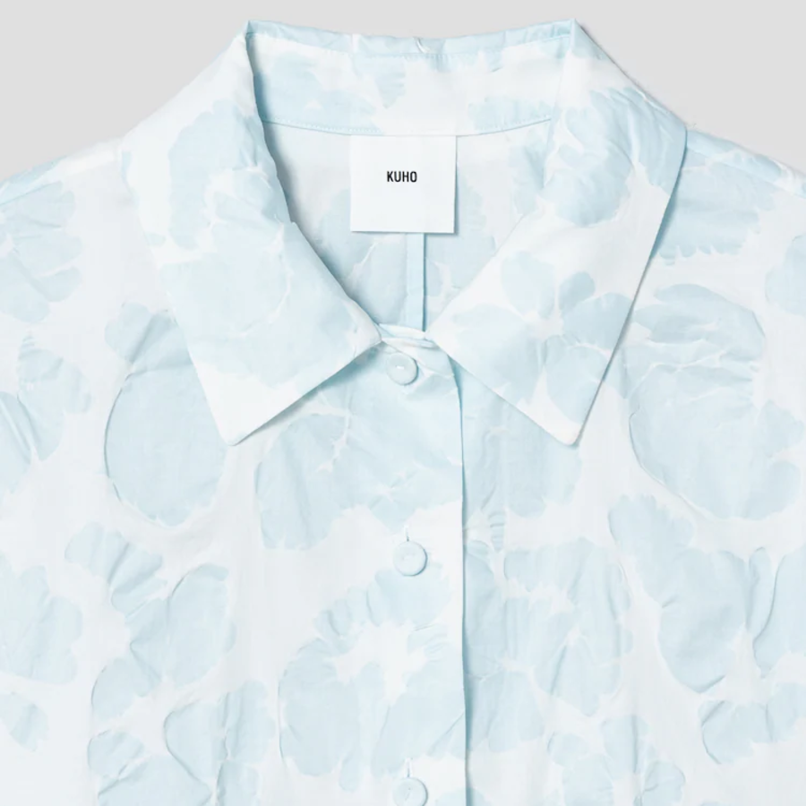 KUHO Volume Fit Collar Neck Print Blouse - Sky Blue