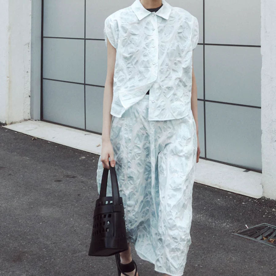 KUHO Volume Fit Collar Neck Print Blouse - Sky Blue