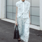 KUHO Volume Fit Collar Neck Print Blouse - Sky Blue