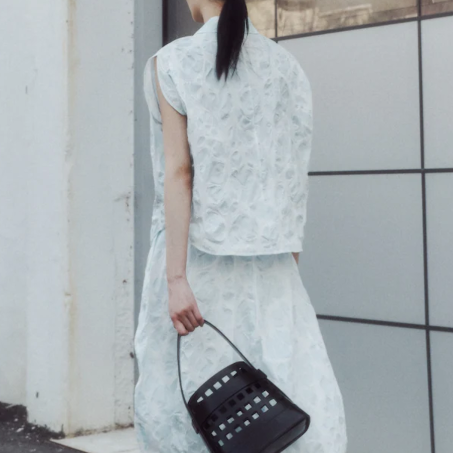 KUHO Volume Fit Collar Neck Print Blouse - Sky Blue