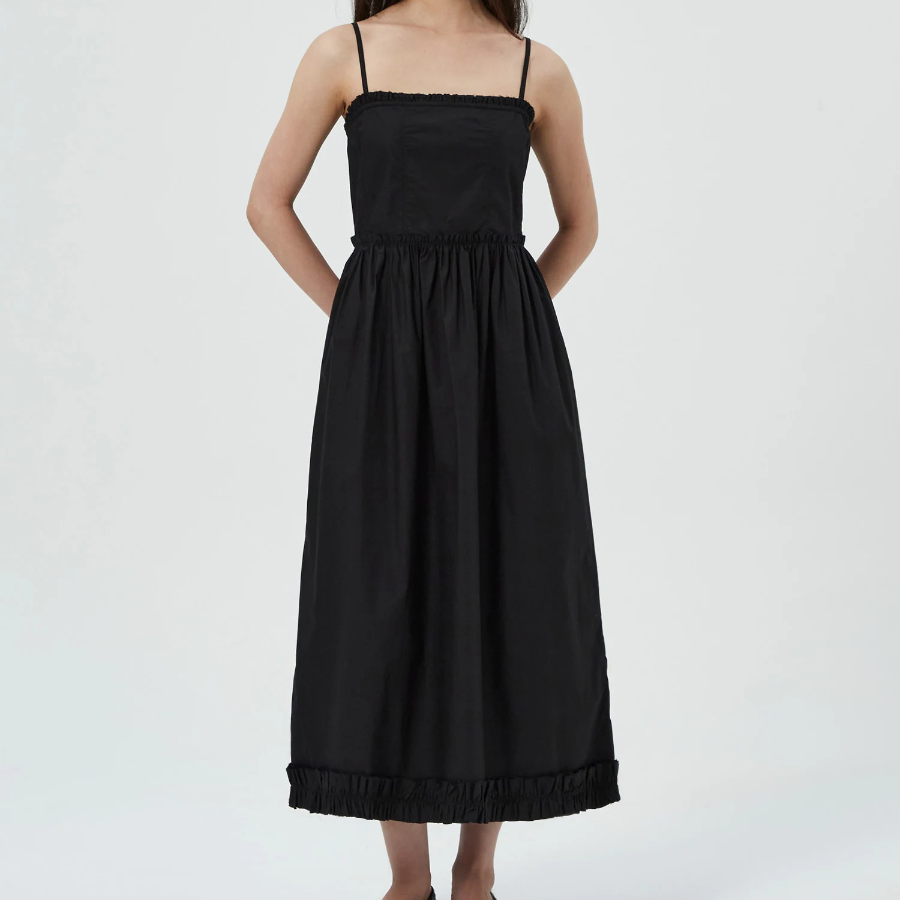 GANNI Cotton Poplin Strap Long Dress - Black