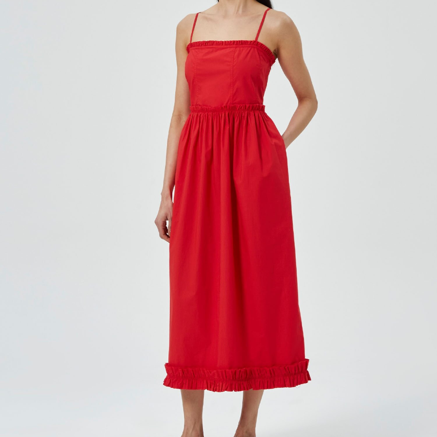 GANNI Cotton Poplin Strap Long Dress - Racing Red