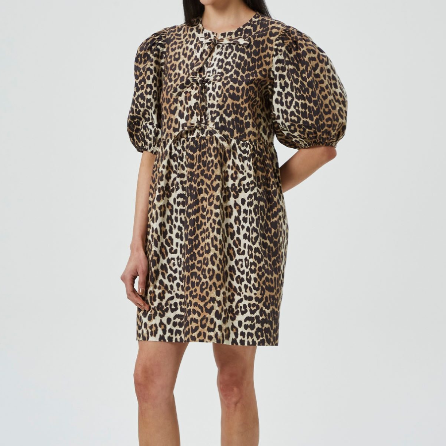 GANNI Printed Cotton Tie String Mini Dress - Leopard