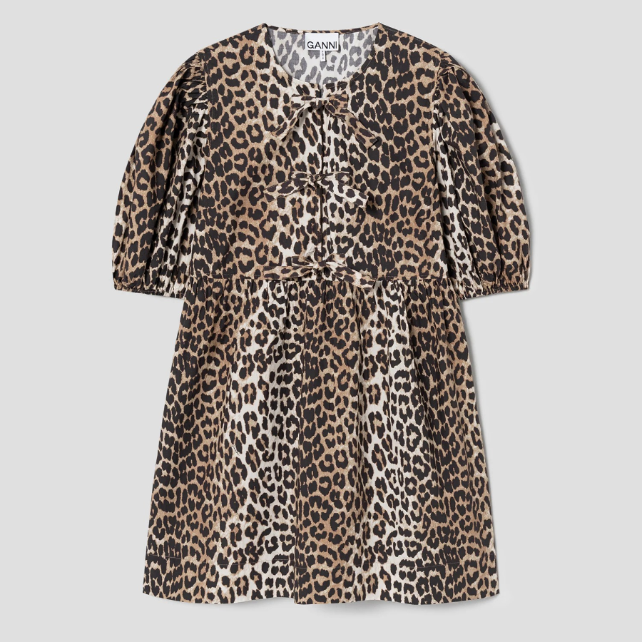 GANNI Printed Cotton Tie String Mini Dress - Leopard