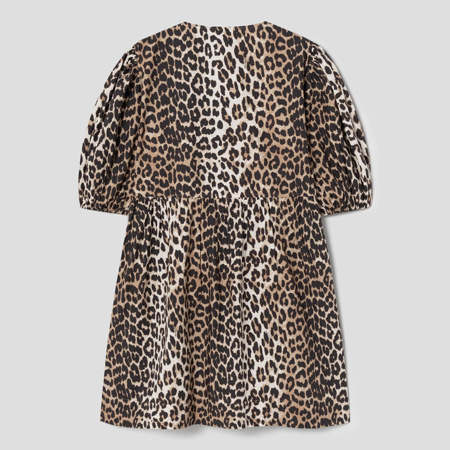 GANNI Printed Cotton Tie String Mini Dress - Leopard