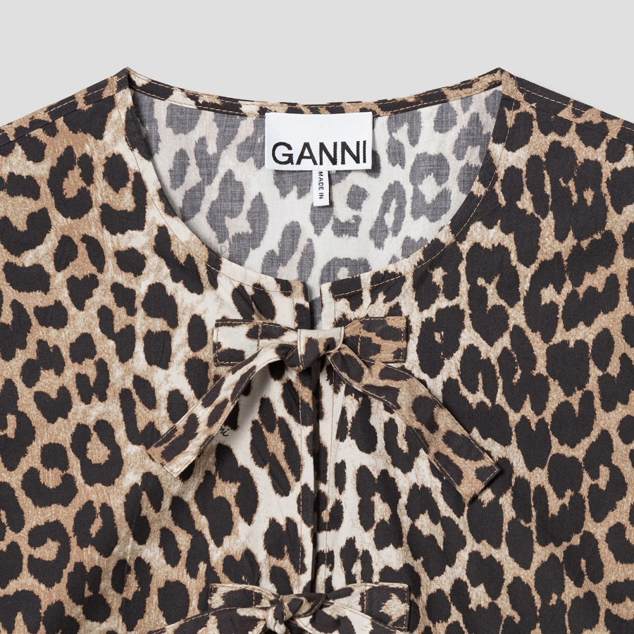 GANNI Printed Cotton Tie String Mini Dress - Leopard