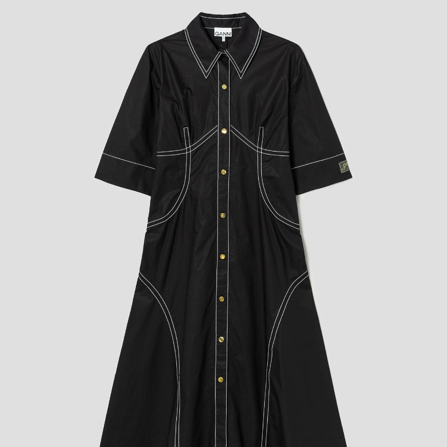 GANNI Cotton Poplin Long Shirt Dress - Black