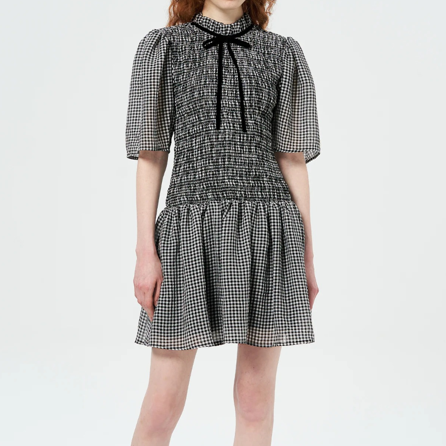 GANNI Sheer Fluid Check Mini Smock Dress - Black