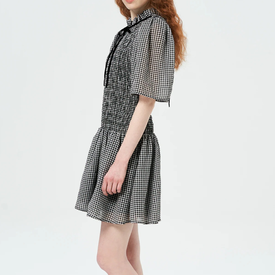 GANNI Sheer Fluid Check Mini Smock Dress - Black