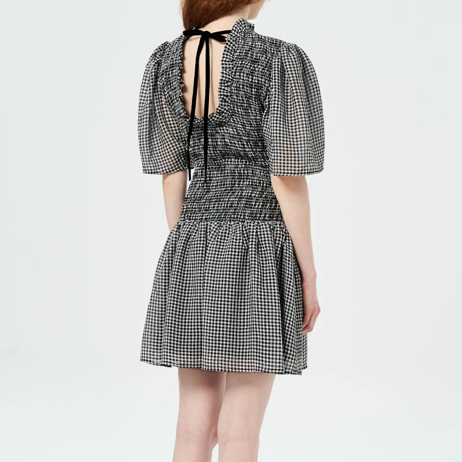 GANNI Sheer Fluid Check Mini Smock Dress - Black