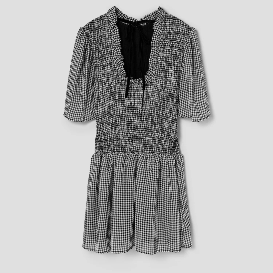 GANNI Sheer Fluid Check Mini Smock Dress - Black