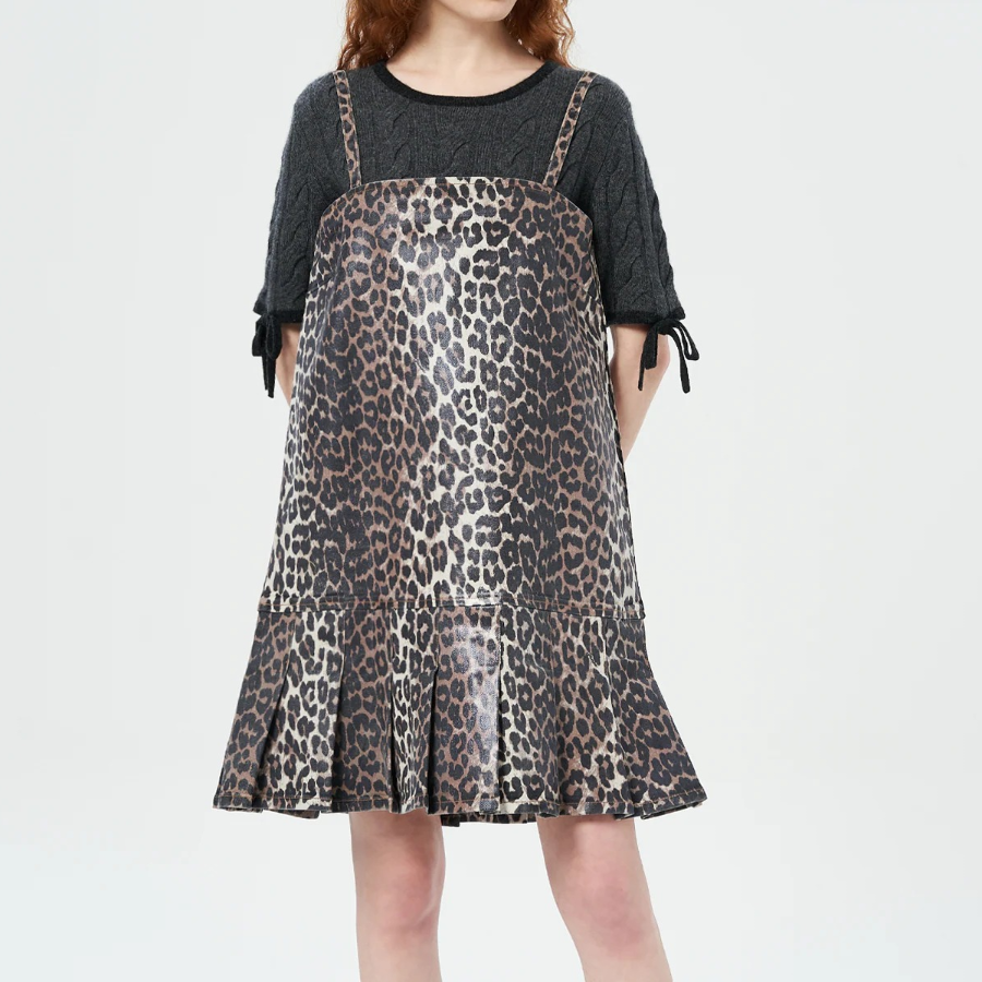 GANNI Foil Print Denim Strap Dress - Brown