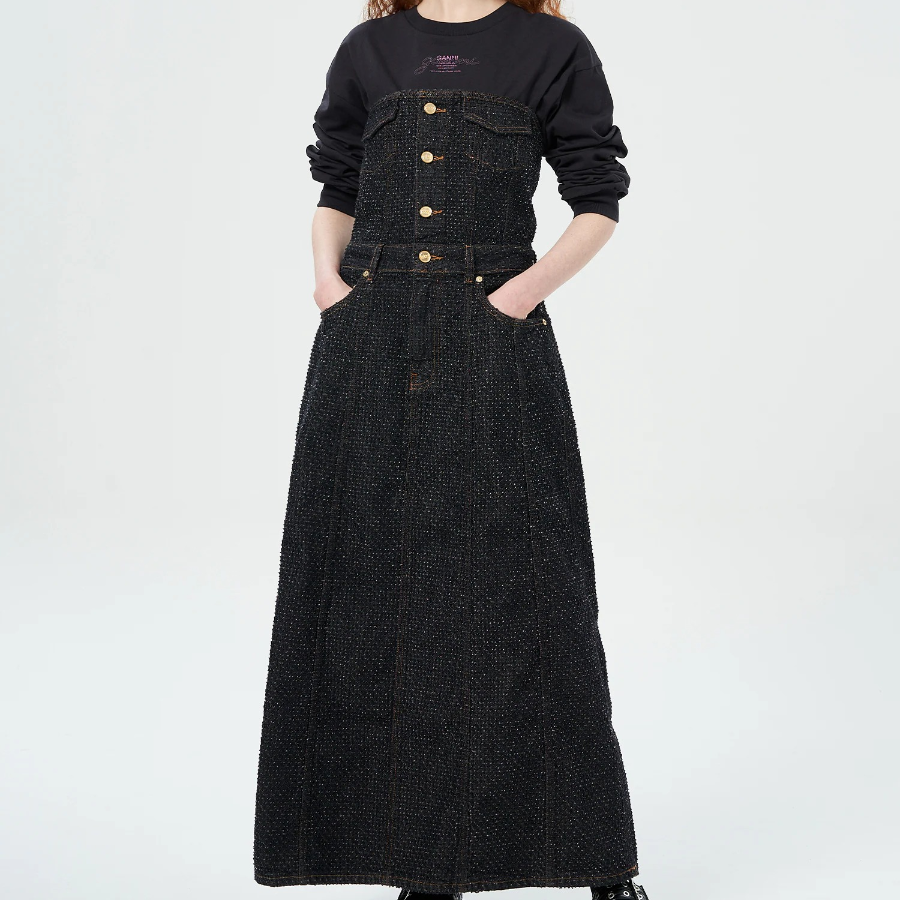 GANNI Fluffy Denim Long Corsage Dress - Black