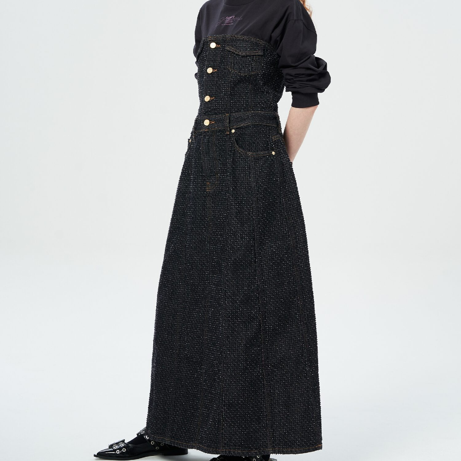 GANNI Fluffy Denim Long Corsage Dress - Black