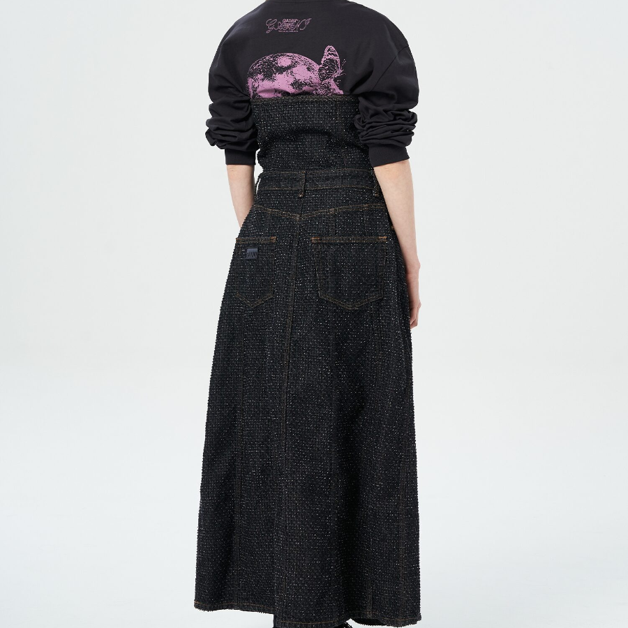 GANNI Fluffy Denim Long Corsage Dress - Black