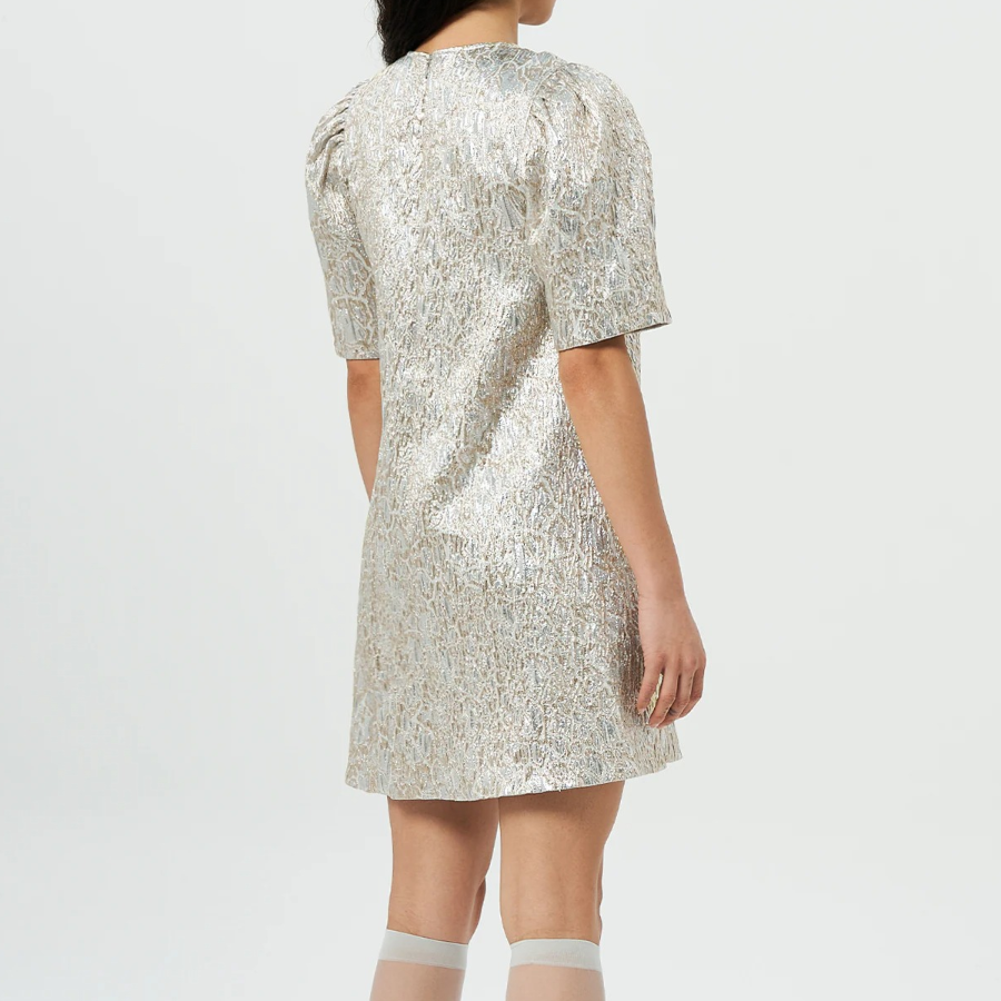 GANNI Metallic Cloque A-Shaped Mini Dress - Beige