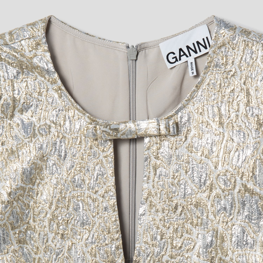 GANNI Metallic Cloque A-Shaped Mini Dress - Beige