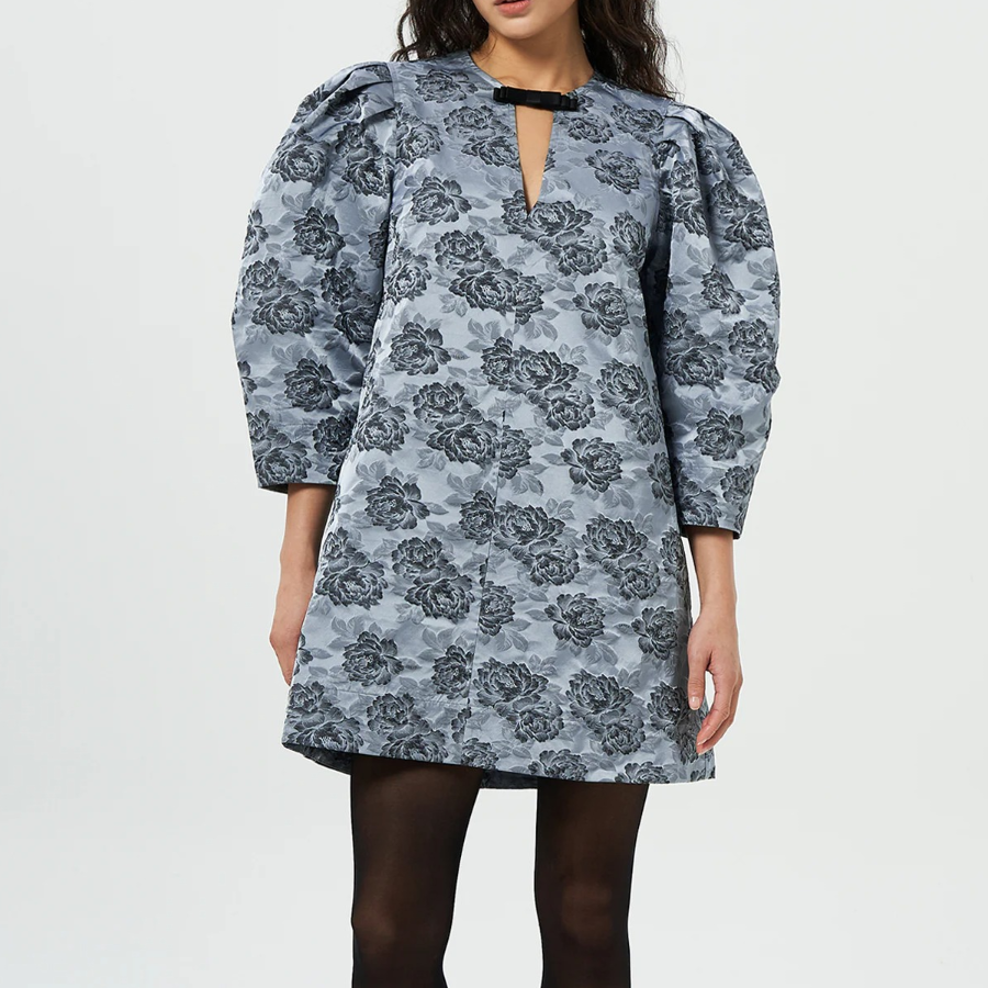 GANNI Botanical Jacquard A-Shaped Mini Dress - Sky Blue