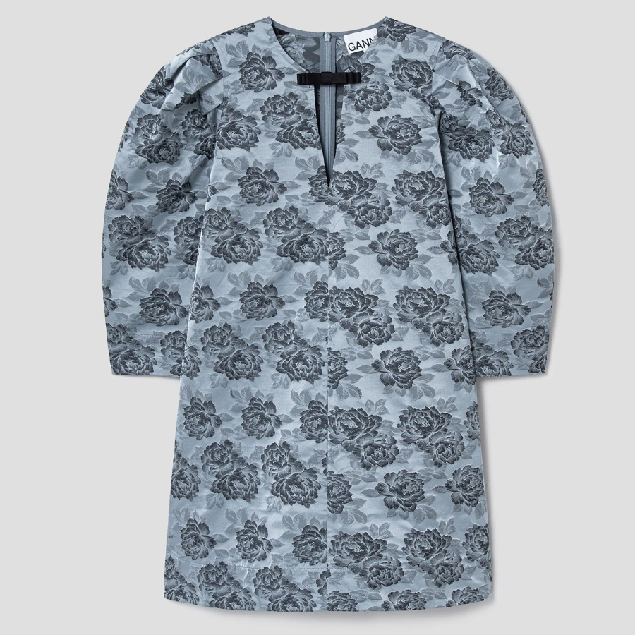 GANNI Botanical Jacquard A-Shaped Mini Dress - Sky Blue
