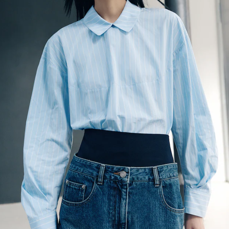 KUHO Cotton Striped Crop Blouse - Sky Blue