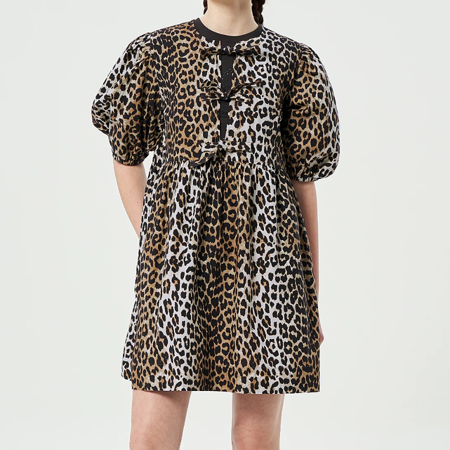 GANNI Printed Cotton Tie String Mini Dress - Leopard