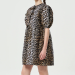GANNI Printed Cotton Tie String Mini Dress - Leopard