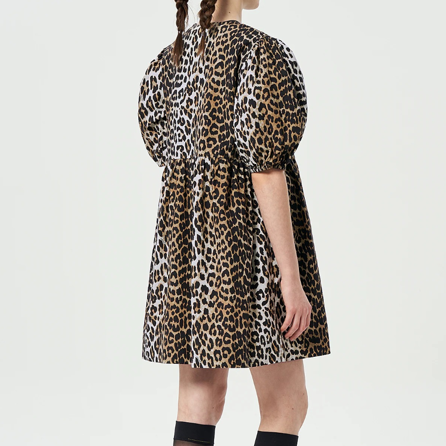 GANNI Printed Cotton Tie String Mini Dress - Leopard