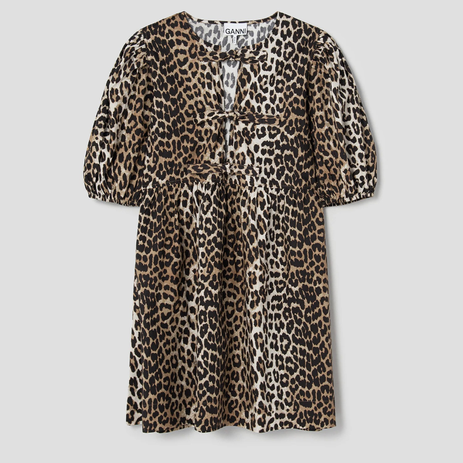GANNI Printed Cotton Tie String Mini Dress - Leopard