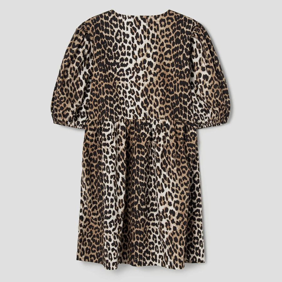 GANNI Printed Cotton Tie String Mini Dress - Leopard