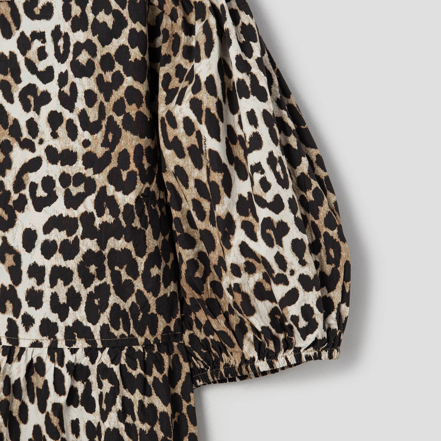 GANNI Printed Cotton Tie String Mini Dress - Leopard