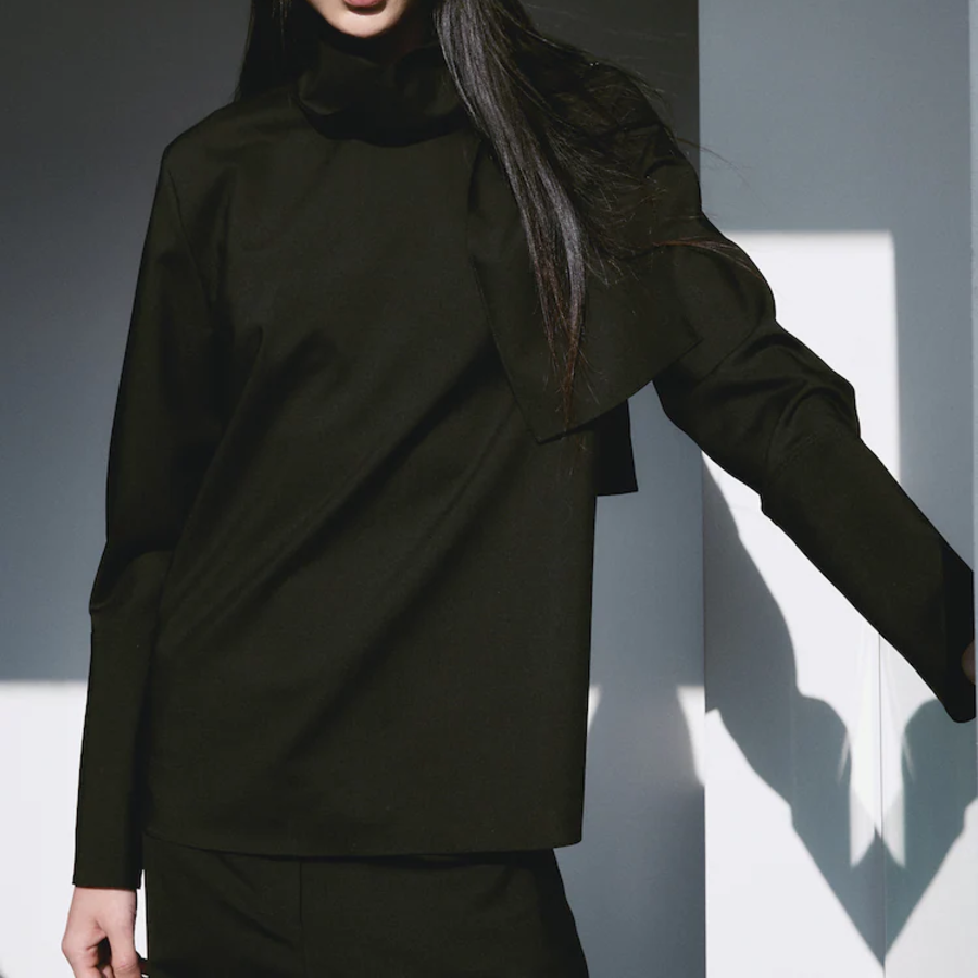 KUHO [KUHO X FRANCESCO FUCCI] Scarf Panel Long-Sleeve Blouse - Black