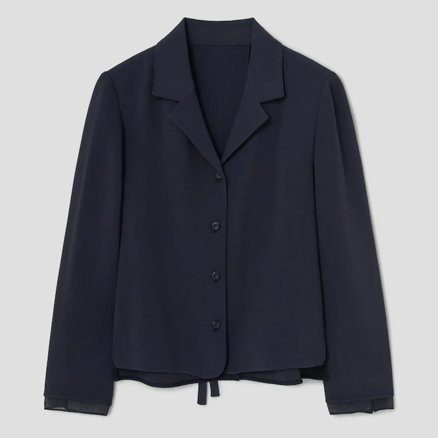 KUHO [Edit] Tension Rayon Blend Button-Up Blouse - Navy