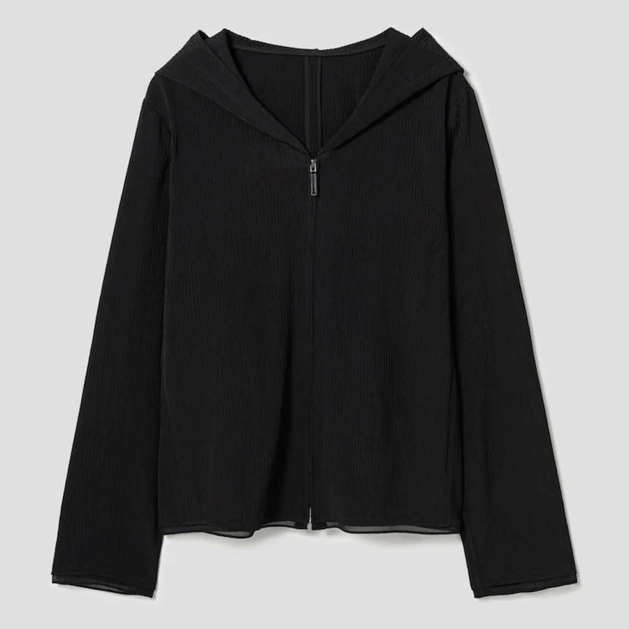 KUHO [Crease Series] Crinkle Hood Zip-Up Blouse - Black