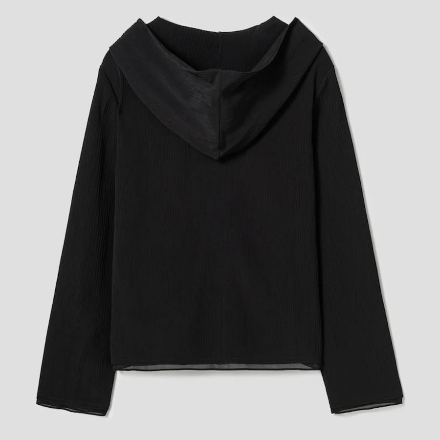 KUHO [Crease Series] Crinkle Hood Zip-Up Blouse - Black