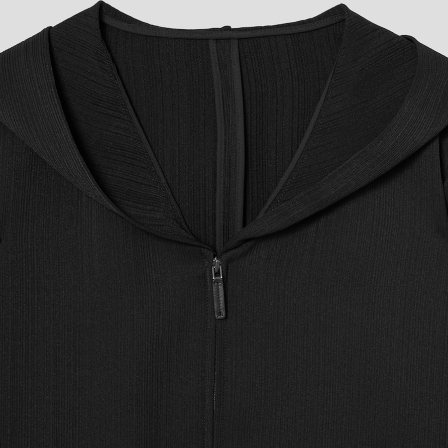 KUHO [Crease Series] Crinkle Hood Zip-Up Blouse - Navy