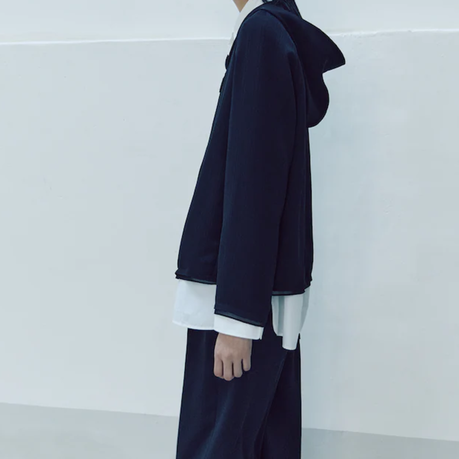 KUHO [Crease Series] Crinkle Hood Zip-Up Blouse - Navy