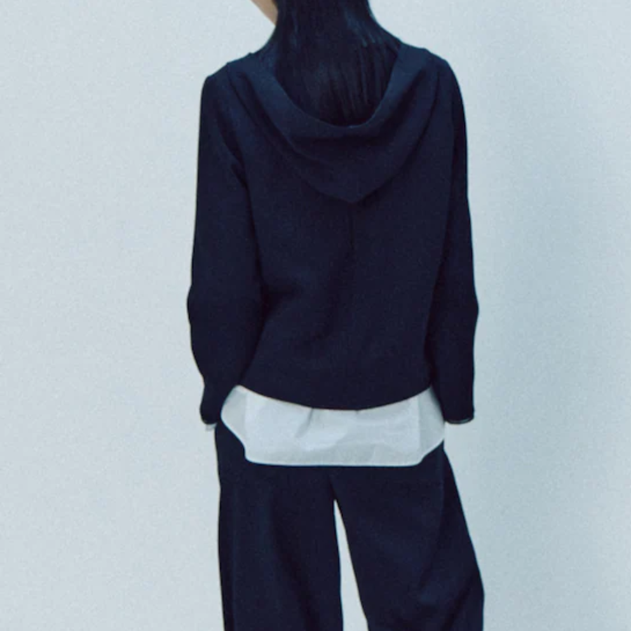 KUHO [Crease Series] Crinkle Hood Zip-Up Blouse - Navy