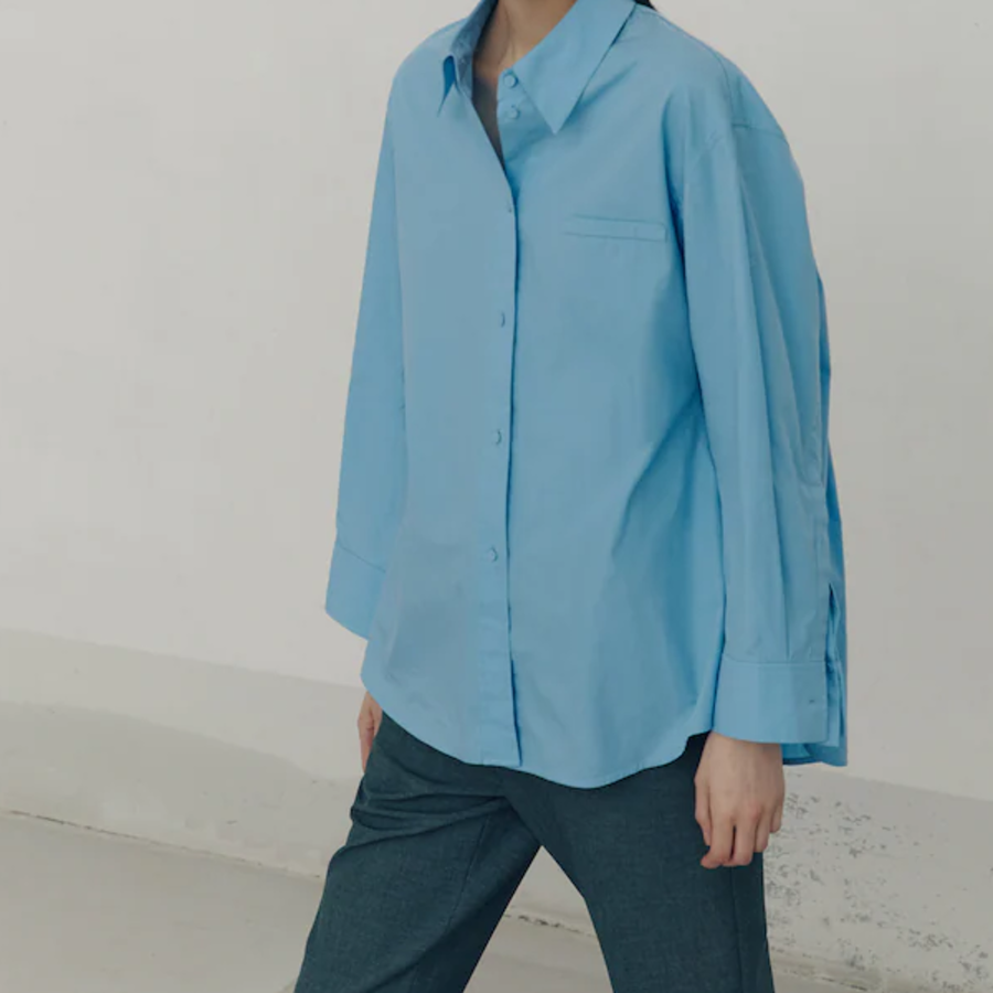 KUHO Shirt Collar Cotton Blouse - Shy Blue