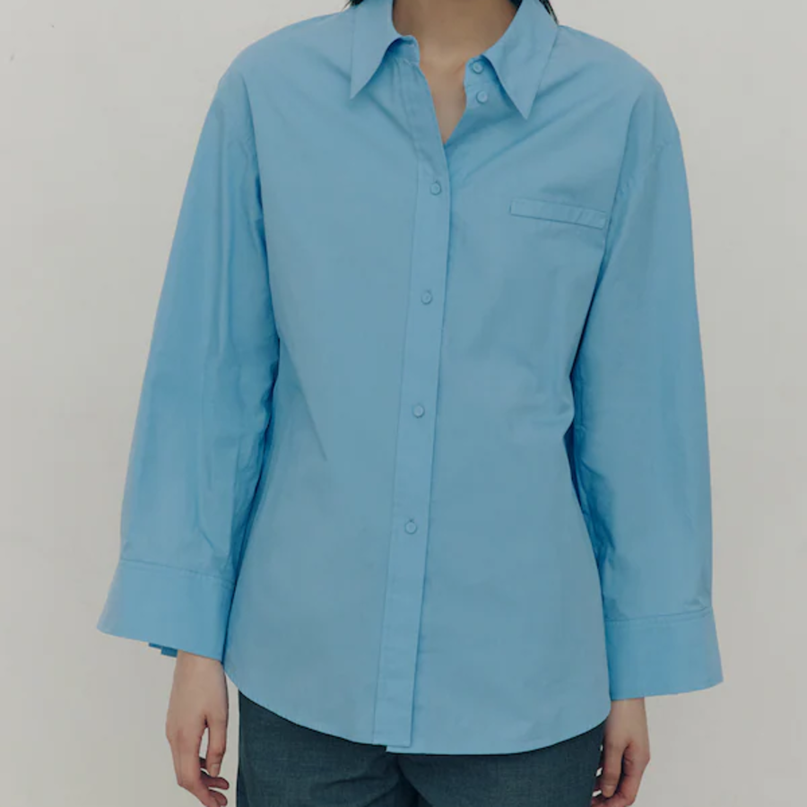 KUHO Shirt Collar Cotton Blouse - Shy Blue