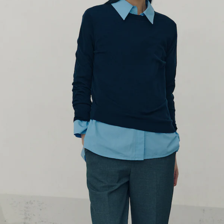 KUHO Shirt Collar Cotton Blouse - Shy Blue