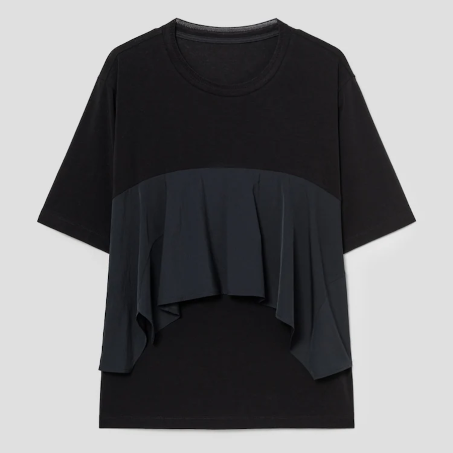 KUHO Cotton Blend Shirring Detail Short Sleeve T-Shirt - Black