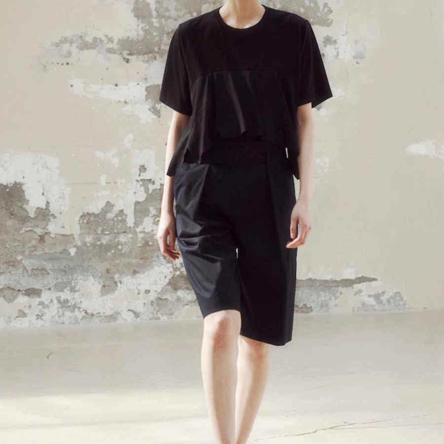 KUHO Cotton Blend Shirring Detail Short Sleeve T-Shirt - Black