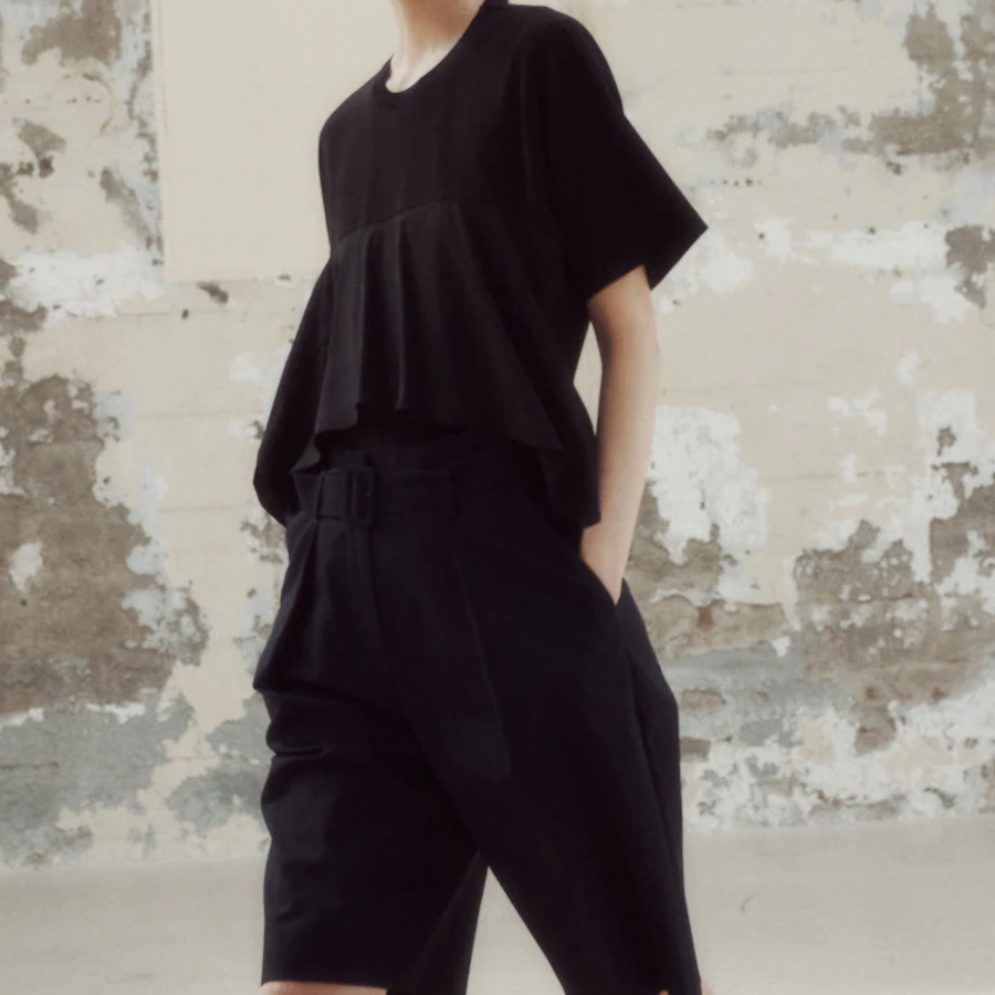 KUHO Cotton Blend Shirring Detail Short Sleeve T-Shirt - Black