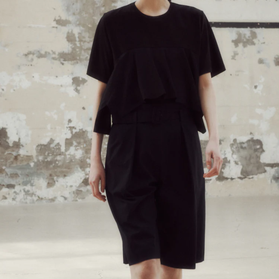 KUHO Cotton Blend Shirring Detail Short Sleeve T-Shirt - Black