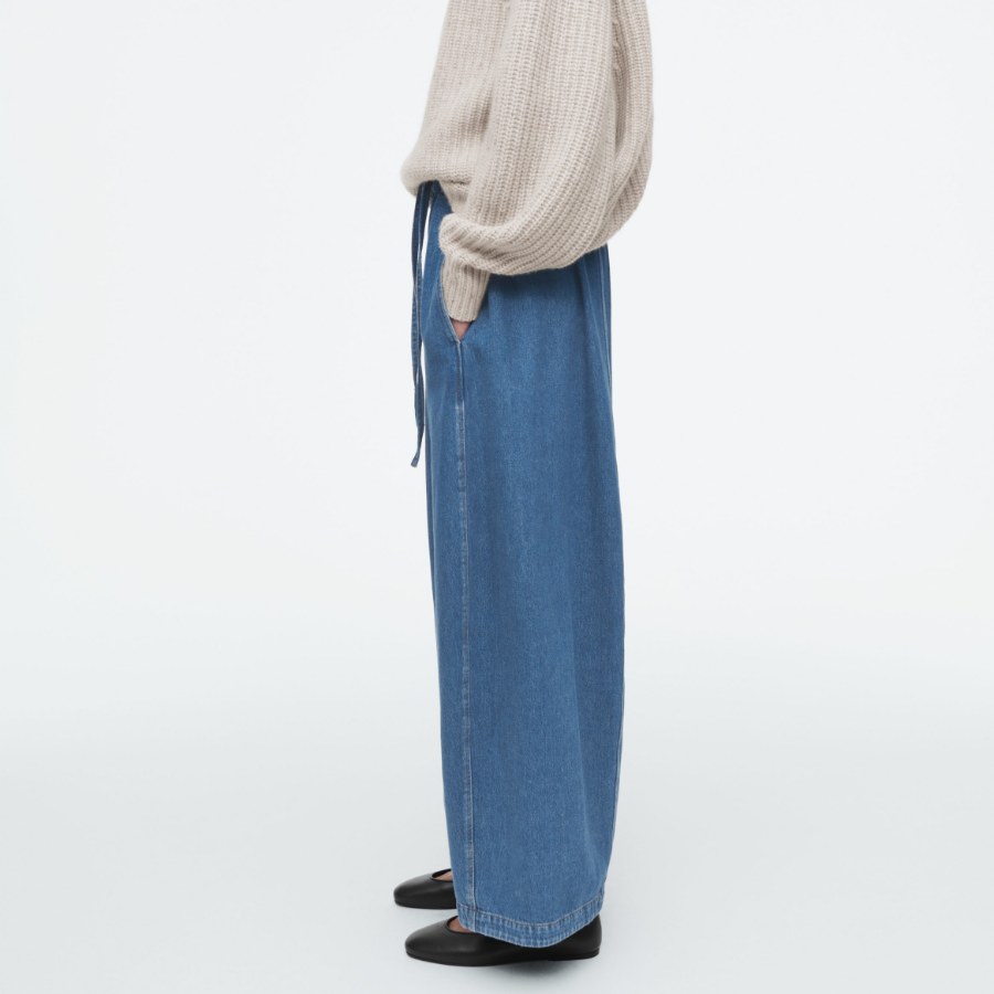 COS Relaxed Barrel Leg Denim Drawstring Trousers – Blue