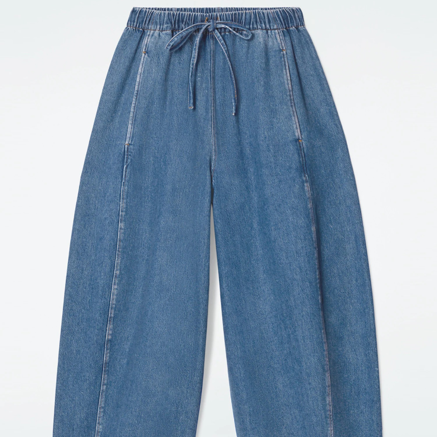 COS Relaxed Barrel Leg Denim Drawstring Trousers – Blue
