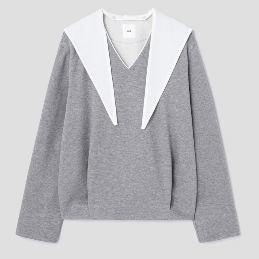 KUHO Knit Detail V-Neck T-Shirt - Grey