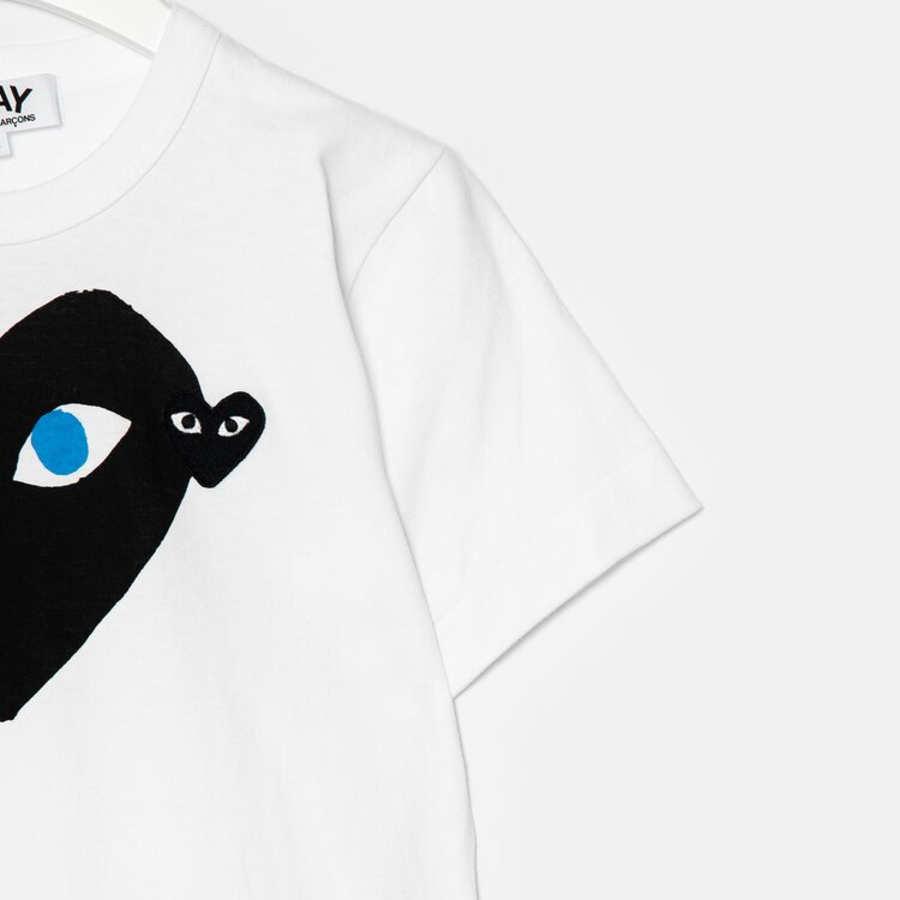 Black Heart T-Shirt with Blue Eyes Heart — White